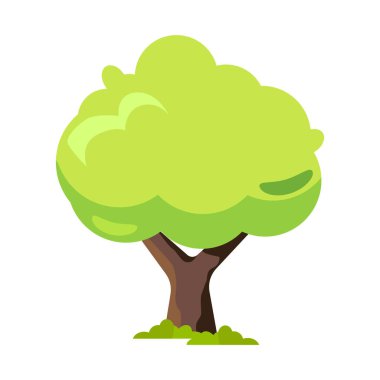 Yeşil yaprakları ve kahverengi gövdesi olan bir çizgi film ağacı. Ağaç çim tarlasında duruyor.