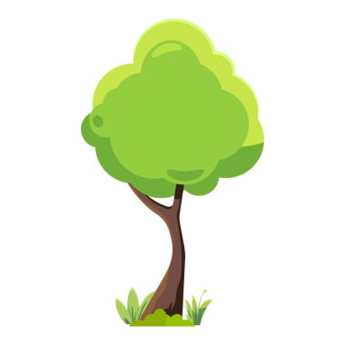 Yeşil yaprakları ve kahverengi gövdesi olan bir çizgi film ağacı. Ağaç çim tarlasında duruyor.