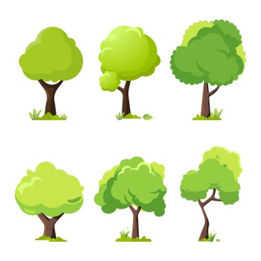 Farklı şekil ve boyutlarda altı ağaç seti. Ağaçlar yemyeşil ve çimenli bir arazide duruyorlar.