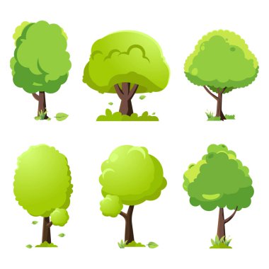 Farklı şekil ve boyutlarda altı ağaç seti. Ağaçlar yemyeşil ve her yere dağılmış.