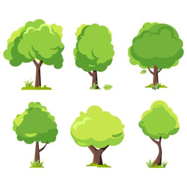 Farklı boyutlarda ve şekillerde altı ağaç seti. Ağaçlar yemyeşil ve her yere dağılmış.