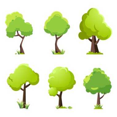 Farklı boyutlarda ve şekillerde altı ağaç seti. Ağaçlar yemyeşil ve çimenli bir arazide duruyorlar.