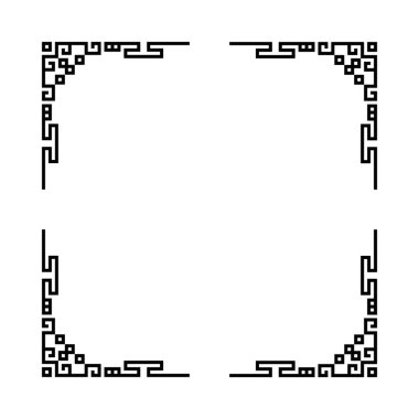 Beyaz arkaplanı olan siyah bir çerçeve. Çerçeve kare ve dekoratif bir tasarımı var. Tasarım kareler ve üçgenlerden oluşuyor.