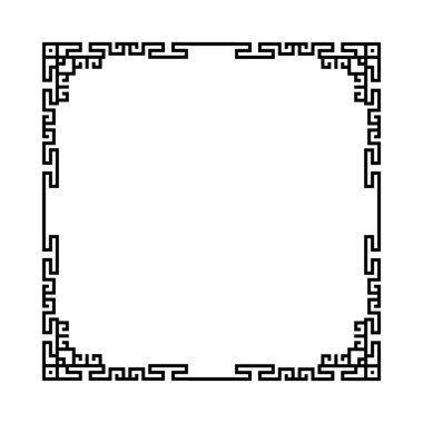 Beyaz arkaplanı olan siyah bir çerçeve. Çerçeve kare ve bir sürü çizgisi var. Çizgiler çok ince ve bir denge ve simetri hissi yaratacak şekilde sıralanmış.