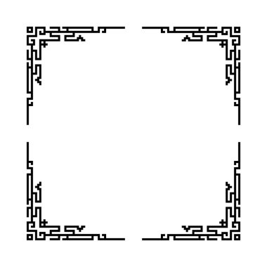 Beyaz arkaplanı olan siyah bir çerçeve. Çerçeve kare ve bir sürü çizgisi var. Çizgiler çok ince ve bir denge ve simetri hissi yaratacak şekilde sıralanmış. Çerçeve basit.