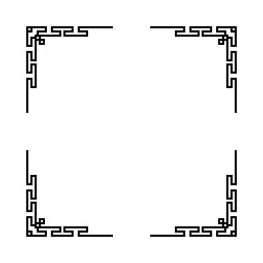 Beyaz arkaplanı olan siyah bir çerçeve. Çerçeve kare ve dekoratif bir tasarımı var. Tasarım kareler ve üçgenlerden oluşuyor. Çerçeve basit ve zarif, temiz ve modern görünümlü.