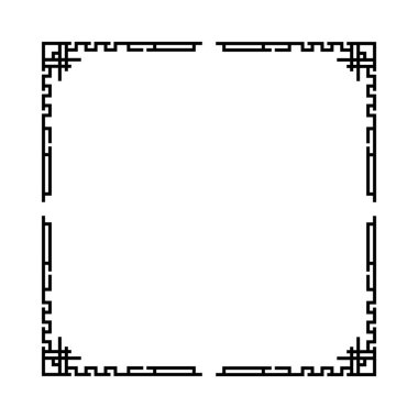Beyaz arkaplanı olan siyah bir çerçeve. Çerçeve kare ve bir sürü çizgisi var. Çizgiler çok ince ve bir denge ve simetri hissi yaratacak şekilde sıralanmış. Çerçeve basit.
