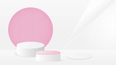 Ortasında pembe ve beyaz bir nesne olan pembe ve beyaz bir arka plan. Nesne pembe ve beyaz renkli yuvarlak bir şekildir.