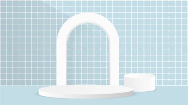 Beyaz bir kemer mavi bir zemine kurulur. Kemer yolu görüntünün odak noktası, izleyicinin dikkatini çekiyor. Mavi karolar zıt bir arkaplan sağlar