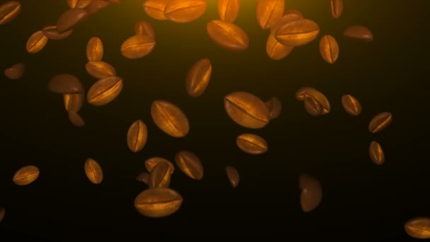 Много коричневых кофейных зерен в космосе, компьютер генерируется абстрактный фон, 3D рендеринг — стоковое видео