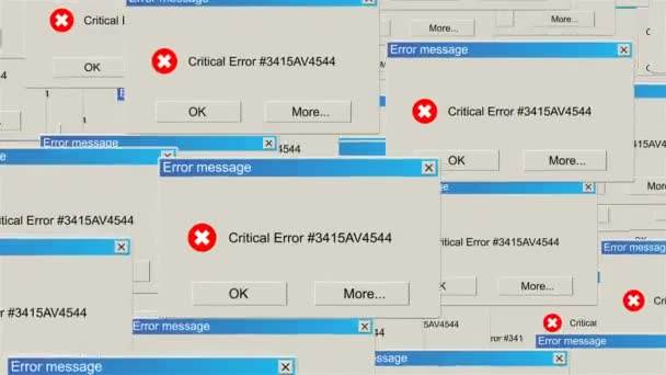 Muitas janelas com notificação de erro crítico, pano de fundo de aviso de problema, fundo abstrato gerado por computador, renderização 3d — Vídeo de Stock