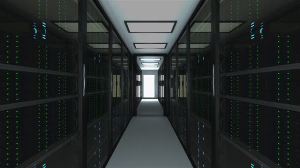 Moderna server rummet interiören i datacenter, nätverk och internet telekommunikation webbteknik, stordata lagring och molnet servicekoncept, 3d render — Stockvideo