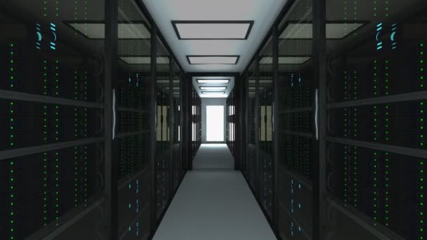 Interior moderno da sala de servidores em datacenter, rede web e tecnologia de telecomunicações na Internet, armazenamento de Big Data e conceito de serviço em nuvem, renderização 3d — Vídeo de Stock