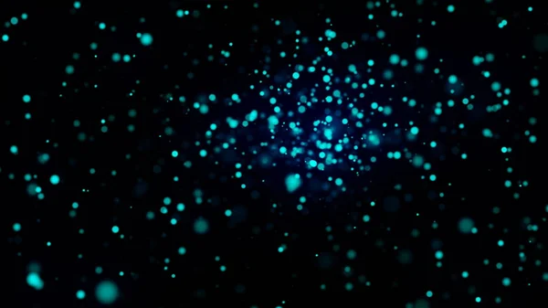 Veel blauw glinsterende deeltjes in de ruimte, slow motion, computer gegenereerde abstracte achtergrond, 3D-rendering — Stockfoto