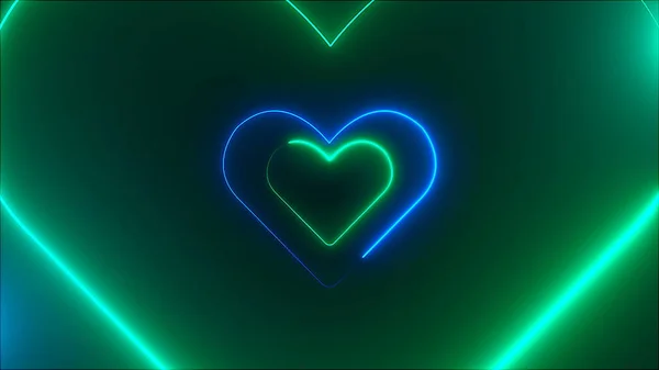 Molte forme di cuore al neon nello spazio, sfondo generato dal computer astratto, sfondo di rendering 3D — Foto Stock