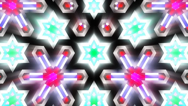 Kaléidoscope de symétrie abstraite avec des rayons lumineux brillants, des lumières fractales, une toile de fond de rendu 3D, un arrière-plan générateur d'ordinateur — Photo