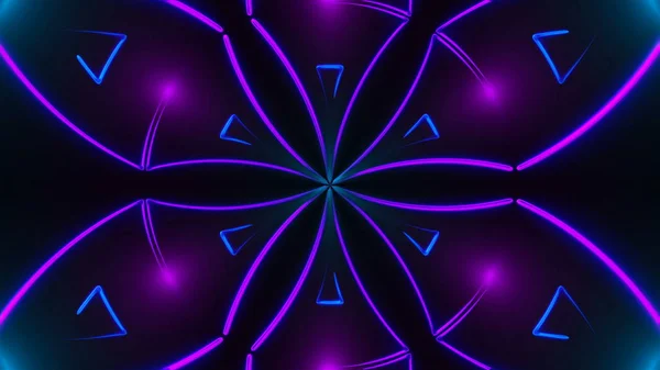 Indah abstrak simetri kaleidoskop dengan mengkilap garis neon, 3d render latar belakang, komputer menghasilkan latar belakang — Stok Foto