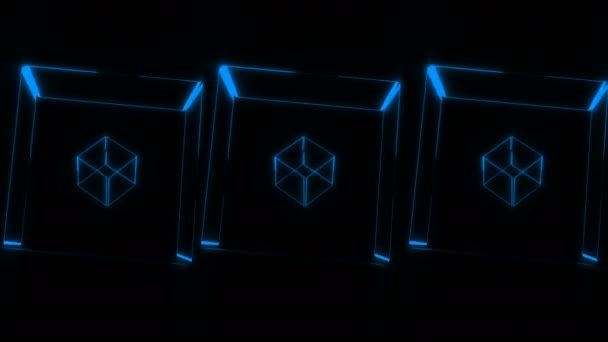 Много прозрачных неоновых кубов, вращающихся в пространстве, трехмерный фон рендеринга, создание компьютера — стоковое видео