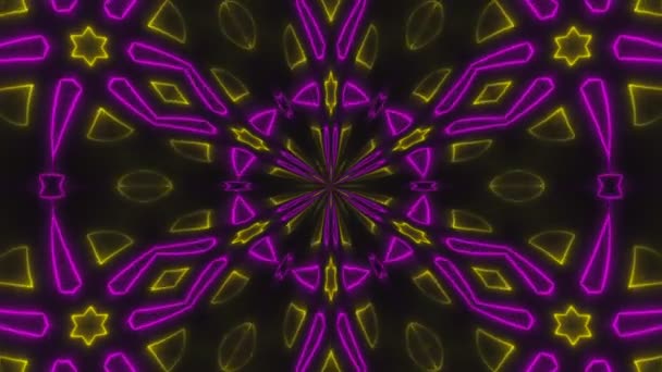 Caleidoscopio de simetría abstracta hermosa con líneas de neón brillantes, fondo de renderizado 3d, fondo generador de computadora — Vídeo de stock