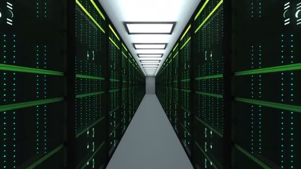 Εσωτερικό δωματίου σύγχρονο server στο datacenter, έννοια υπηρεσιών μαζικών δεδομένων αποθήκευσης και το νέφος, τεχνολογία τηλεπικοινωνιών δικτύου και internet web 3d καθιστούν — Αρχείο Βίντεο