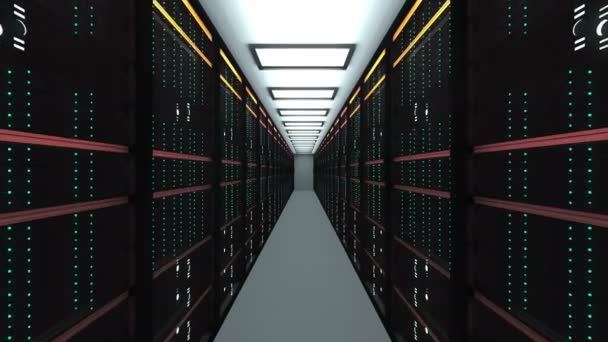 Moderne server værelse interiør i datacenter, web-netværk og internet telekommunikationsteknologi, big data opbevaring og cloud service koncept, 3d gøre – Stock-video