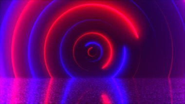 Soyut daireler neon tünel yansıması ile bilgisayar arka plan, 3d render oluşturulan.