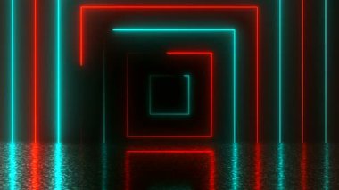 Soyut kare neon tünel yansıması, oluşturulan bilgisayar arka plan, 3d render ile