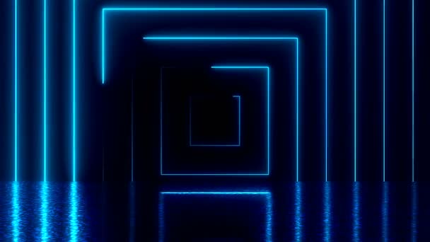 Abstract square neon tunnel with reflection, computer generated background, 3D rendering — Stock Video