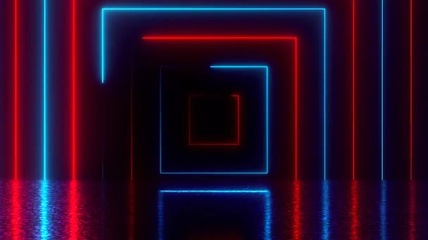 Abstract square neon tunnel with reflection, computer generated background, 3D rendering — Stock Video