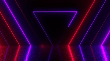 Soyut üçgenler neon tünel yansıması ile bilgisayar arka plan, 3d render oluşturulan.