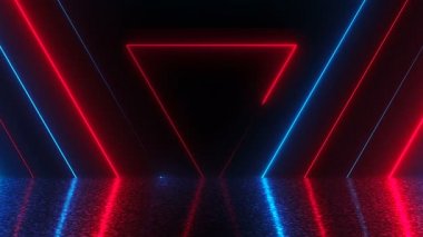 Soyut üçgenler neon tünel yansıması ile bilgisayar arka plan, 3d render oluşturulan.