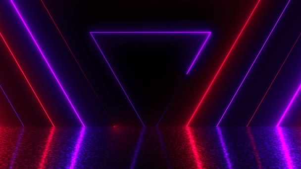 Segitiga abstrak neon tunnel dengan refleksi, komputer menghasilkan latar belakang, render 3D — Stok Video