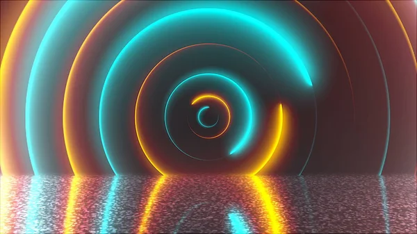 Círculos abstractos túnel de neón con reflexión, fondo generado por computadora, renderizado 3D — Foto de Stock