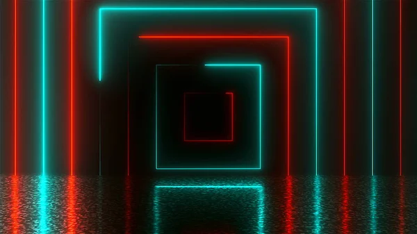 Abstract square neon tunnel with reflection, computer generated background, 3D rendering