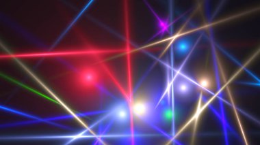 Parlak farklı kaotik ışıklar, modern neon teknolojisi, projektörler, 3d oluşturulan bilgisayar illüstrasyon