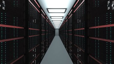 Büyük sunucu odası İç datacenter, web ağ ve Internet telekomünikasyon teknolojisi, veri depolama ve bulut hizmet anlayışı, 3d render