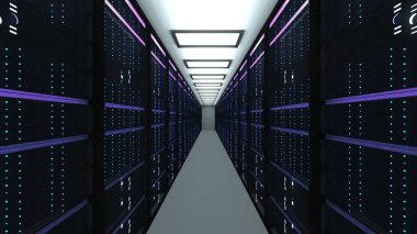 Modern sunucu odası İç datacenter, web ağ ve Internet telekomünikasyon teknolojisi, büyük veri depolama ve bulut hizmet anlayışı, 3d render