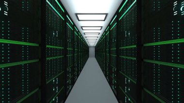 Modern sunucu odası İç datacenter, web ağ ve Internet telekomünikasyon teknolojisi, büyük veri depolama ve bulut hizmet anlayışı, 3d render