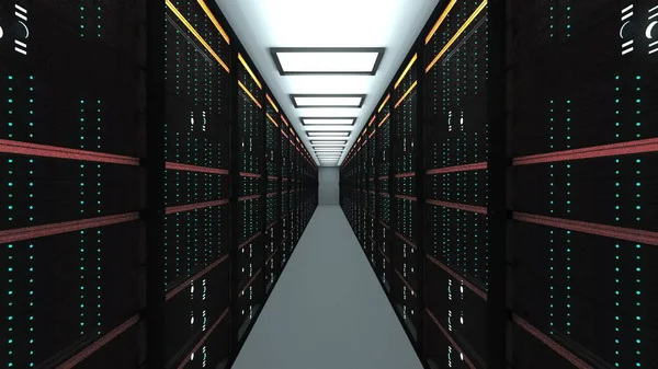 Modern sunucu odası İç datacenter, web ağ ve Internet telekomünikasyon teknolojisi, büyük veri depolama ve bulut hizmet anlayışı, 3d render