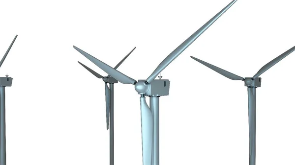 stock image Rotating windmills in space, 3d render background, computer generating for ecology design