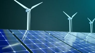 Dönen yel değirmenleri ve güneş panelleri, 3D görüntüleme, ekoloji tasarımı için bilgisayar oluşturma