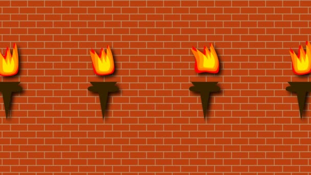 Кирпичная красная стена с горящими яркими факелами в стиле мультфильма, 3D рендеринг фон, компьютер генерируется — стоковое видео