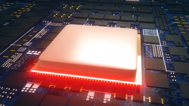 Placa de circuito, concepto de CPU de procesadores de computadora central, primer plano del chip digital de la placa base, fondo 3D — Vídeo de stock