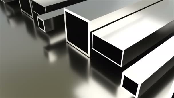 Fondo industrial de metal laminado, 3d renderizado de placa de metal, tubos en forma con brillo — Vídeos de Stock