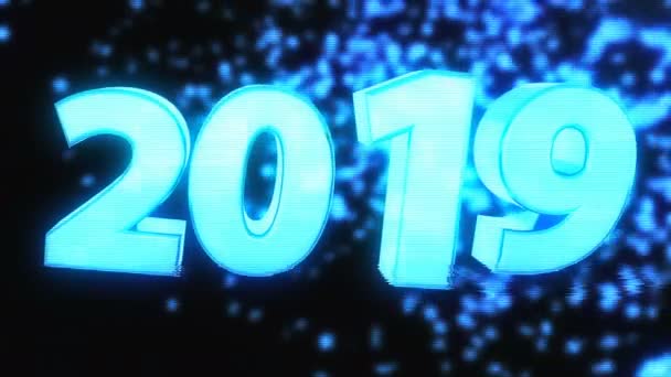 2019 texto brilhante com efeito holograma, 3d renderizar computador gerado fundo para feriados de Ano Novo e Natal — Vídeo de Stock