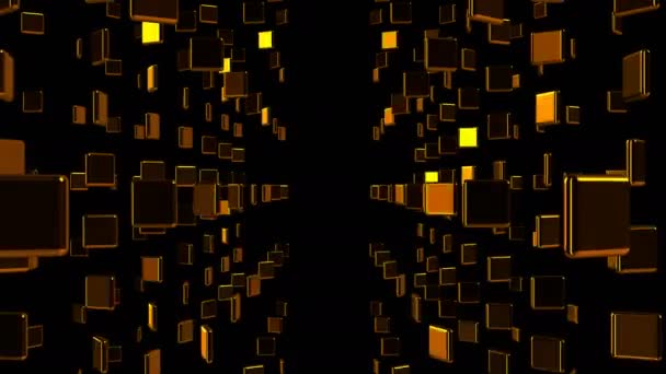 Много золотых пластин в пространстве, сгенерированный компьютером абстрактный фон, 3D рендеринг — стоковое видео