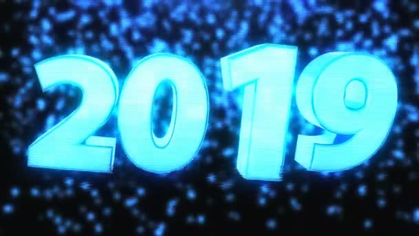 ホログラム効果付き2019明るいテキスト、新年とクリスマス休暇のために生成された3Dレンダリングコンピュータの背景 — ストック動画
