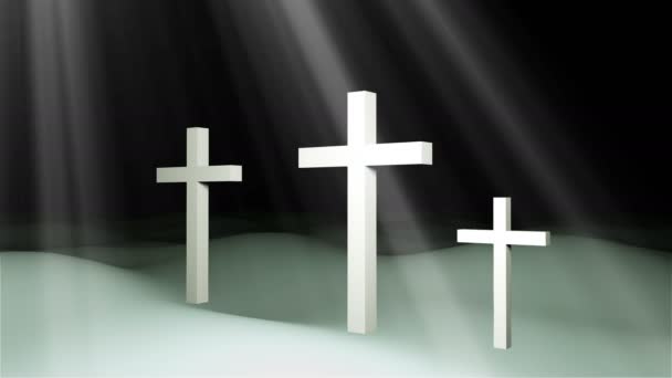 Τρεις Σταυρούς Χριστιανική Βρίσκονται Στο Έδαφος Και Τον Ήλιο Ακτίνες — Αρχείο Βίντεο