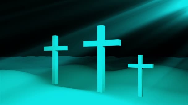Trzy krzyże chrześcijańskiej są na ziemi i słońca promienie, sztuka konceptualna Wielkanoc zmartwychwstanie, 3d render — Wideo stockowe