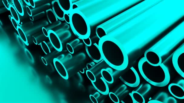 Fondo de tubos brillantes industriales de metal redondo laminado, renderizado 3d de objetos metálicos, tubos en forma — Vídeo de stock